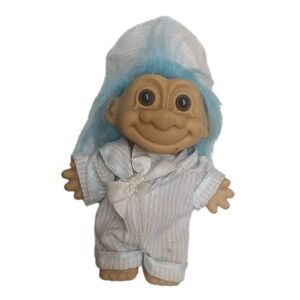 Vintage 1985 Russ 5" Troll Doll Blue Hair in Blue Pajamas